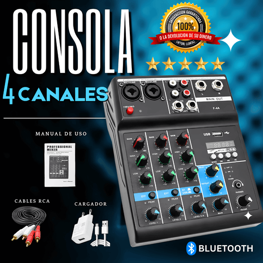 Consola de Sonido Profesional 4Canales con Bluetooth + 2 Micrófonos